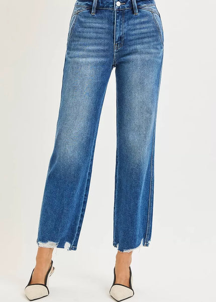 RISEN High Rise Ankle Straight Distressed Hem Detail Jeans - Sleekdenim.com