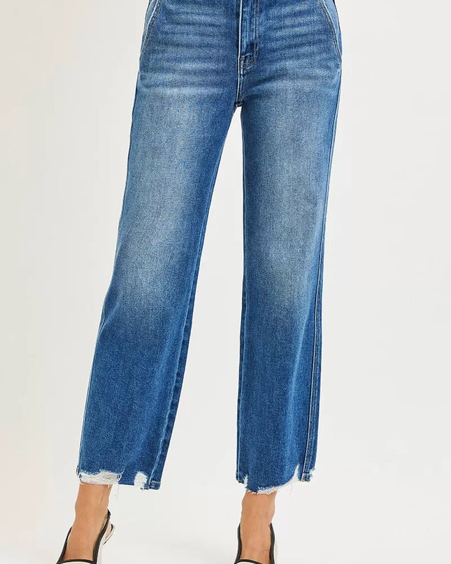 RISEN High Rise Ankle Straight Distressed Hem Detail Jeans - Sleekdenim.com