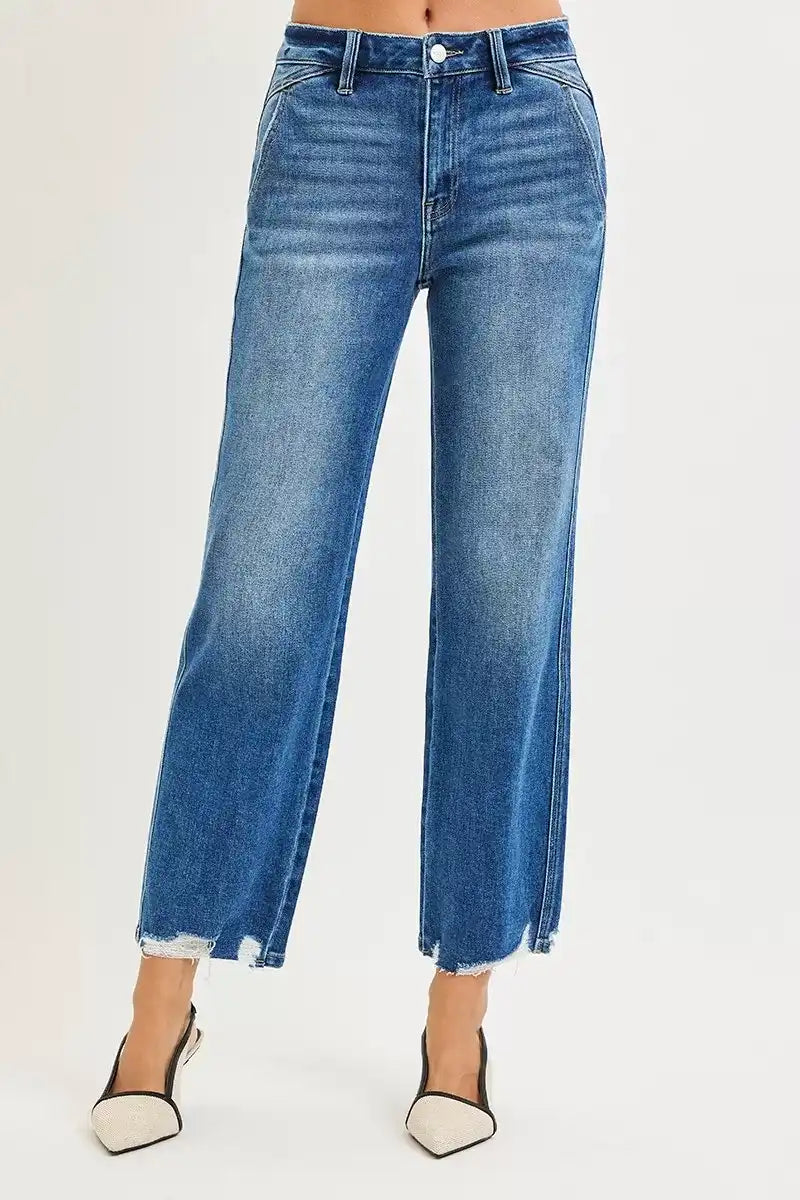 RISEN High Rise Ankle Straight Distressed Hem Detail Jeans - Sleekdenim.com