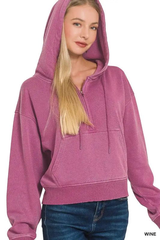 Zenana Fleece Pigment Dye Half Zip Kangaroo Pocket Hoodie