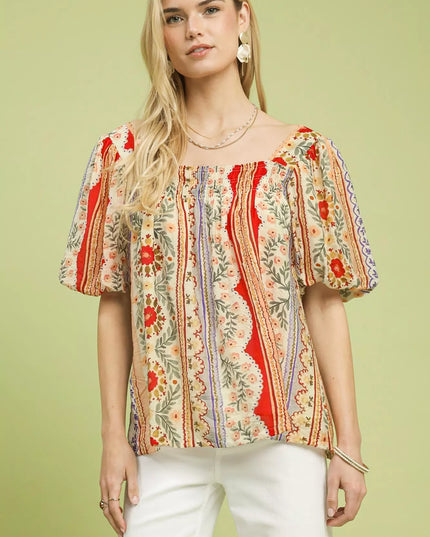 Umgee Patchwork Puff Sleeve Smocked Blouse - Sleekdenim.com