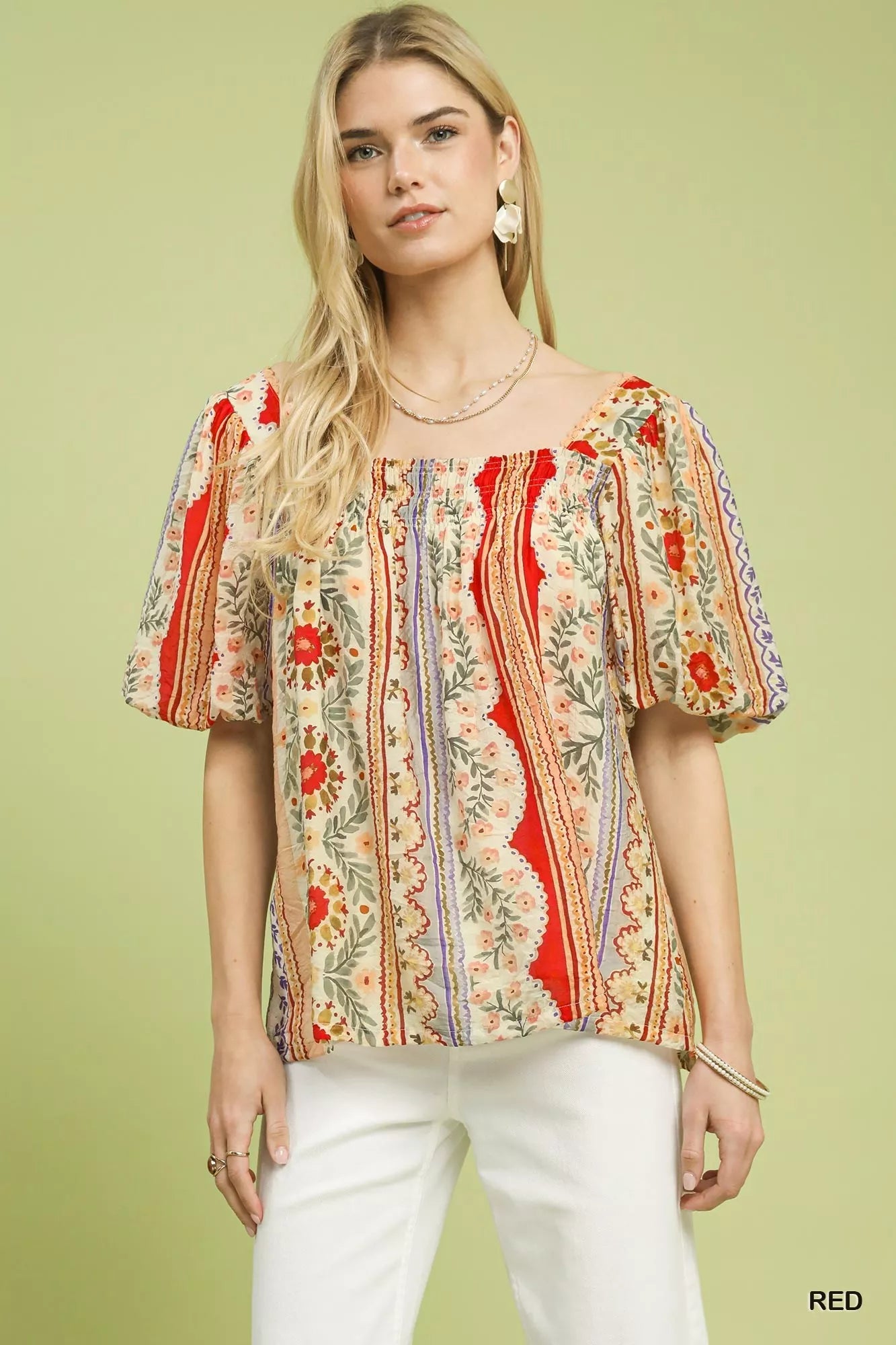 Umgee Patchwork Puff Sleeve Smocked Blouse - Sleekdenim.com