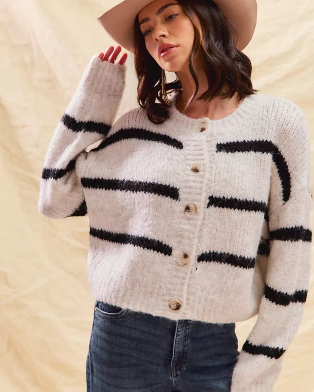 SO ME Stripe Soft Touch Button Cozy Sweater Cardigan - Sleekdenim.com