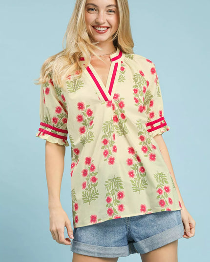 Umgee Floral V-Neck Puff Sleeve Top - Sleekdenim.com