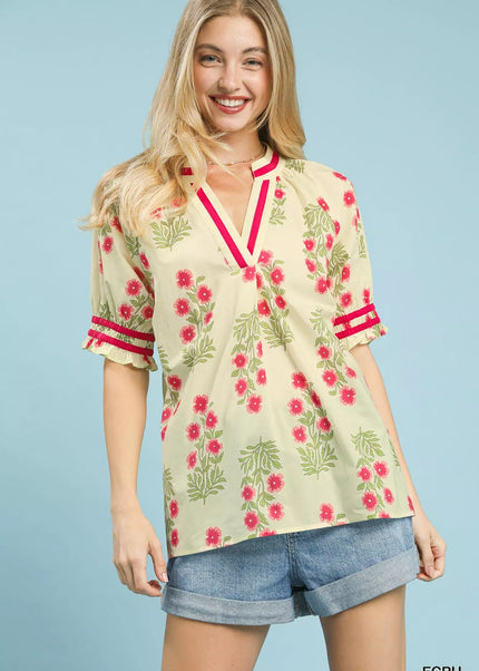 Umgee Floral V-Neck Puff Sleeve Top - Sleekdenim.com