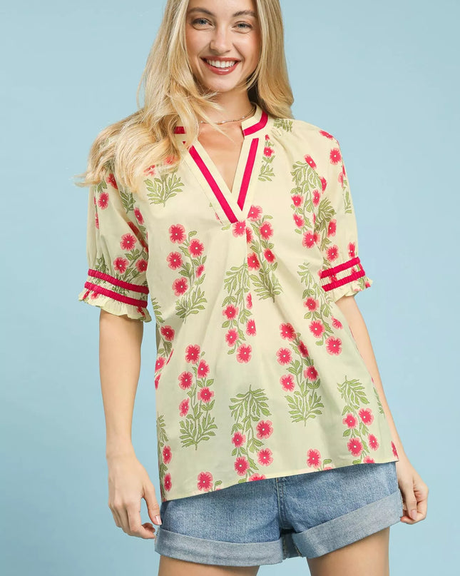 Umgee Floral V-Neck Puff Sleeve Top - Sleekdenim.com