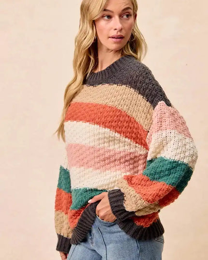 BiBi Stripes Color Block Chunky Sweater - Sleekdenim.com