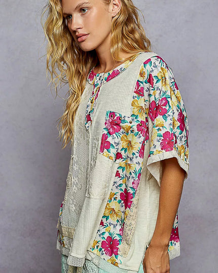 POL Lace Round Neck Short Sleeve Floral Pattern Top with Patch Detail - Sleekdenim.com