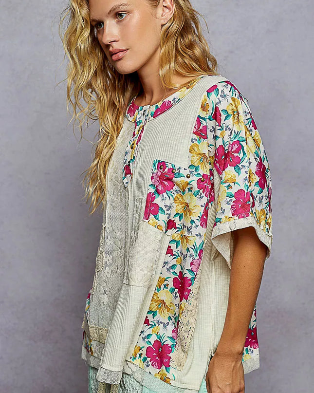 POL Lace Round Neck Short Sleeve Floral Pattern Top with Patch Detail - Sleekdenim.com