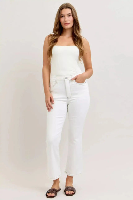 Judy Blue Contrast Stitching Cropped Flare Perfect White Jeans 881080 - Sleekdenim.com