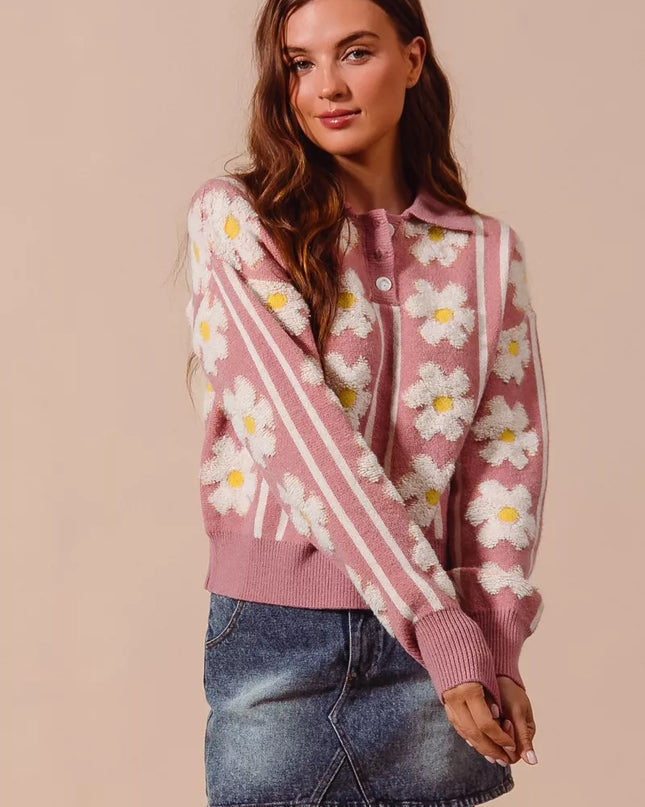 SO ME Floral Stripe Polo Collar Sweater - Sleekdenim.com