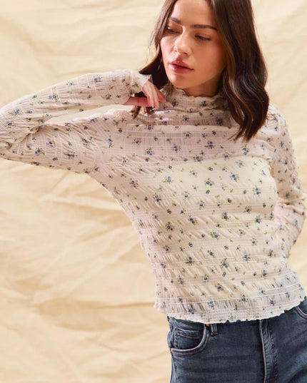 SO ME Floral Print Textured Long Sleeve Knit Top - Sleekdenim.com
