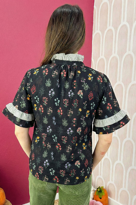 Black Contrast Frilled Trim Short Sleeve Floral Shirt - 2