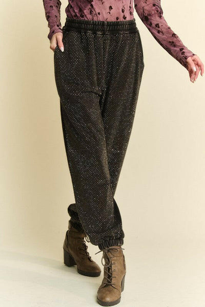 Davi & Dani Rhinestone Elastic Waist Joggers Black