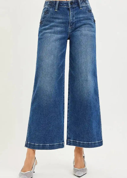 RISEN High Rise Wide Leg Jeans With Pocket Button Detail - Sleekdenim.com