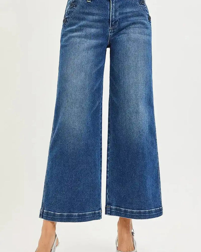 RISEN High Rise Wide Leg Jeans With Pocket Button Detail - Sleekdenim.com