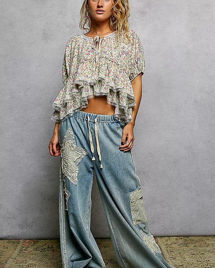 POL Floral Short Balloon Sleeve Ruffled Blouse - Sleekdenim.com