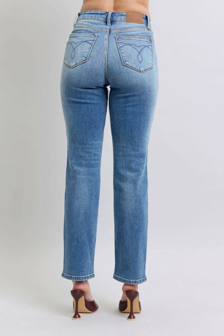 Judy Blue The Aspen High Rise Medium Wash Shearling Cuff Straight Leg Jeans | Sleek Denim Boutique | Sleekdenim.com