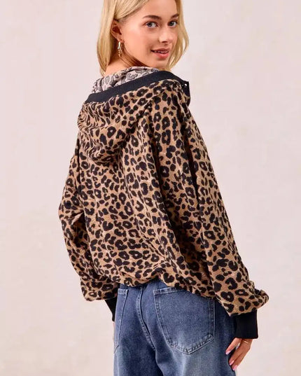 BiBi Leopard Print Waffle Half Zip Up Hoodie W Pocket - Sleekdenim.com