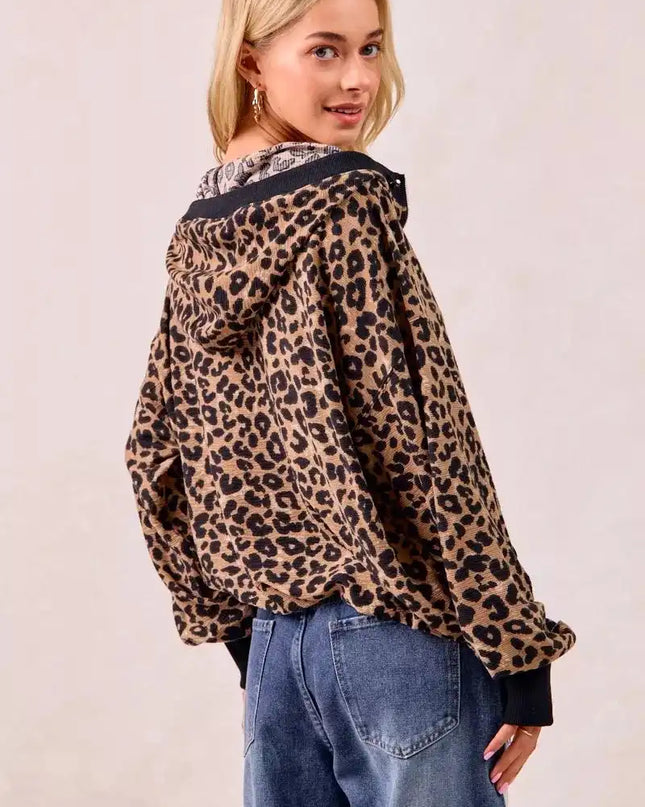 BiBi Leopard Print Waffle Half Zip Up Hoodie W Pocket - Sleekdenim.com