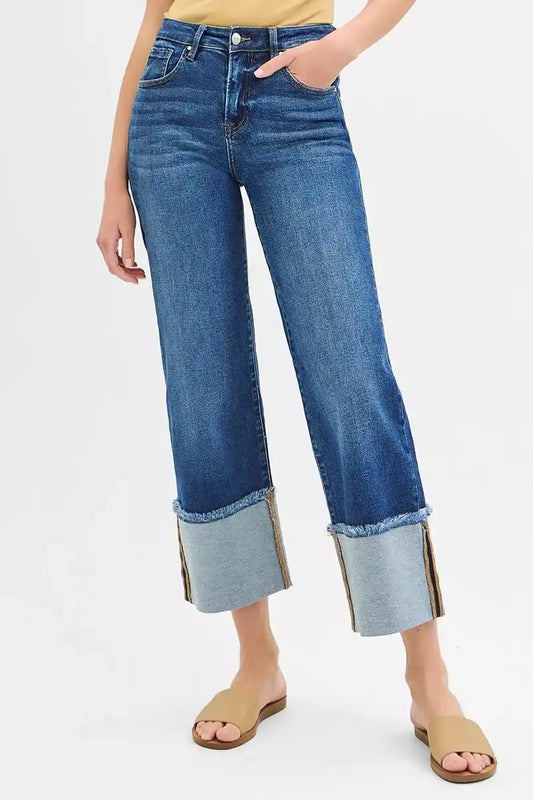 RISEN Mid Rise Crop Wide Wide Cuffed Jeans PWC21289 - Sleekdenim.com