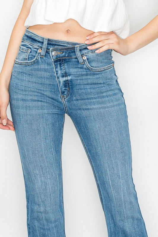 AT1098FLM - HIGH RISE CROSSOVER WAIST FLARE JEANS