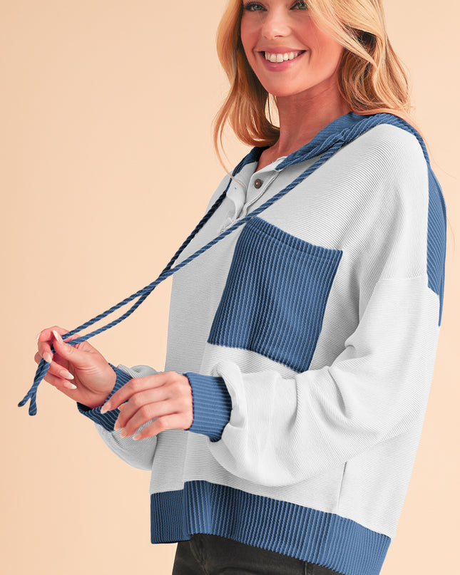 White Corded Patch Pocket Drawstring Henley Long Sleeve Top