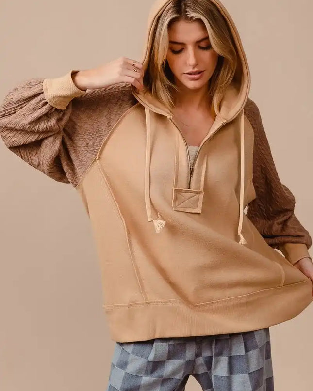 BiBi Half Zip French Terry Hoodie with Kint Sleeves - Sleekdenim.com