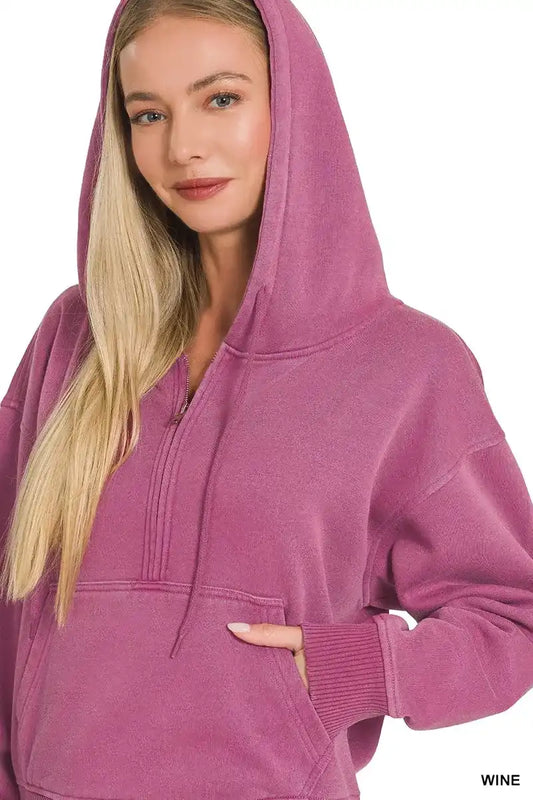 Zenana Fleece Pigment Dye Half Zip Kangaroo Pocket Hoodie