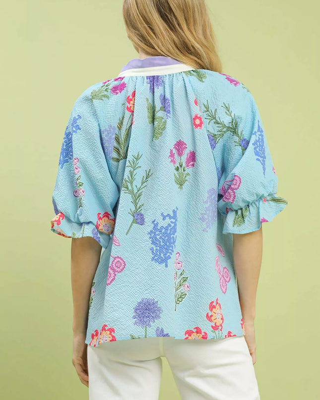 Umgee Floral Puff Sleeve Blouse with Scallop Trim Collar - Sleekdenim.com
