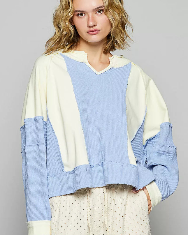 POL Color Block Waffle Knit Raw Hem Sweatshirt - Sleekdenim.com
