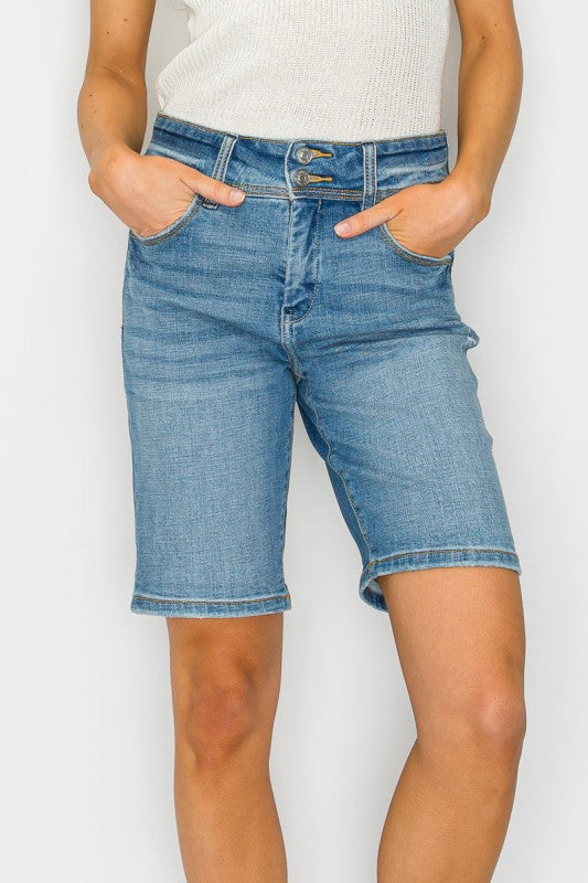 Artemis Vintage High Rise Double Button Waistband Bermuda Jeans Shorts - Sleekdenim.com