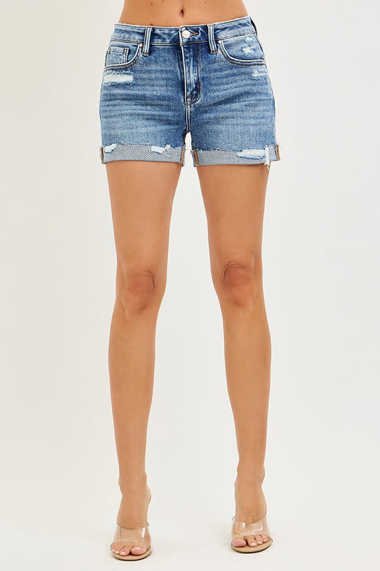 RISEN Mid Rise Cuffed Distressed Denim Shorts #RDS6282