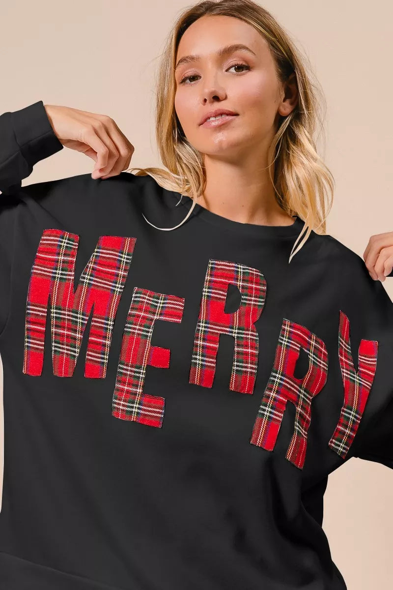 BiBi Plaid Merry Lettering Christmas Fleece Sweatshirt - Sleekdenim.com