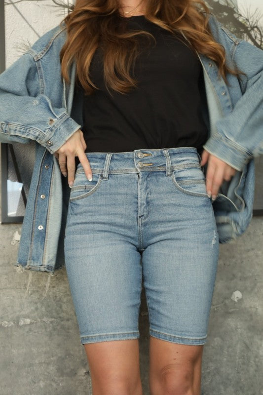 Artemis Vintage High Rise Double Button Waistband Bermuda Jeans Shorts - Sleekdenim.com