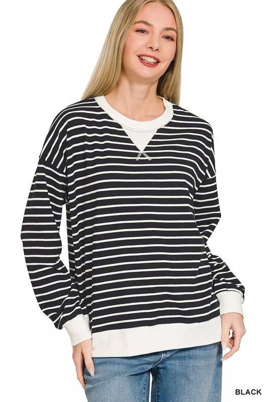 Zenana Contrast Striped Round Neck Sweatshirt - Sleekdenim.com