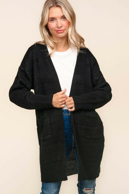 Haptics Stripe Textured Open Front Cardigan with Pockets | Sleekdenim.com