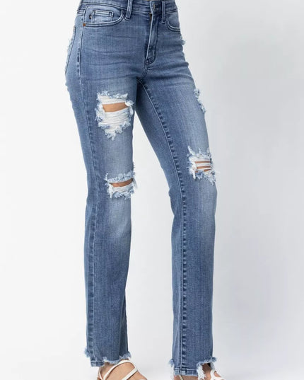 Judy Blue Full Size Mid Rise Destroy Straight Jeans Plus Size - Sleekdenim.com