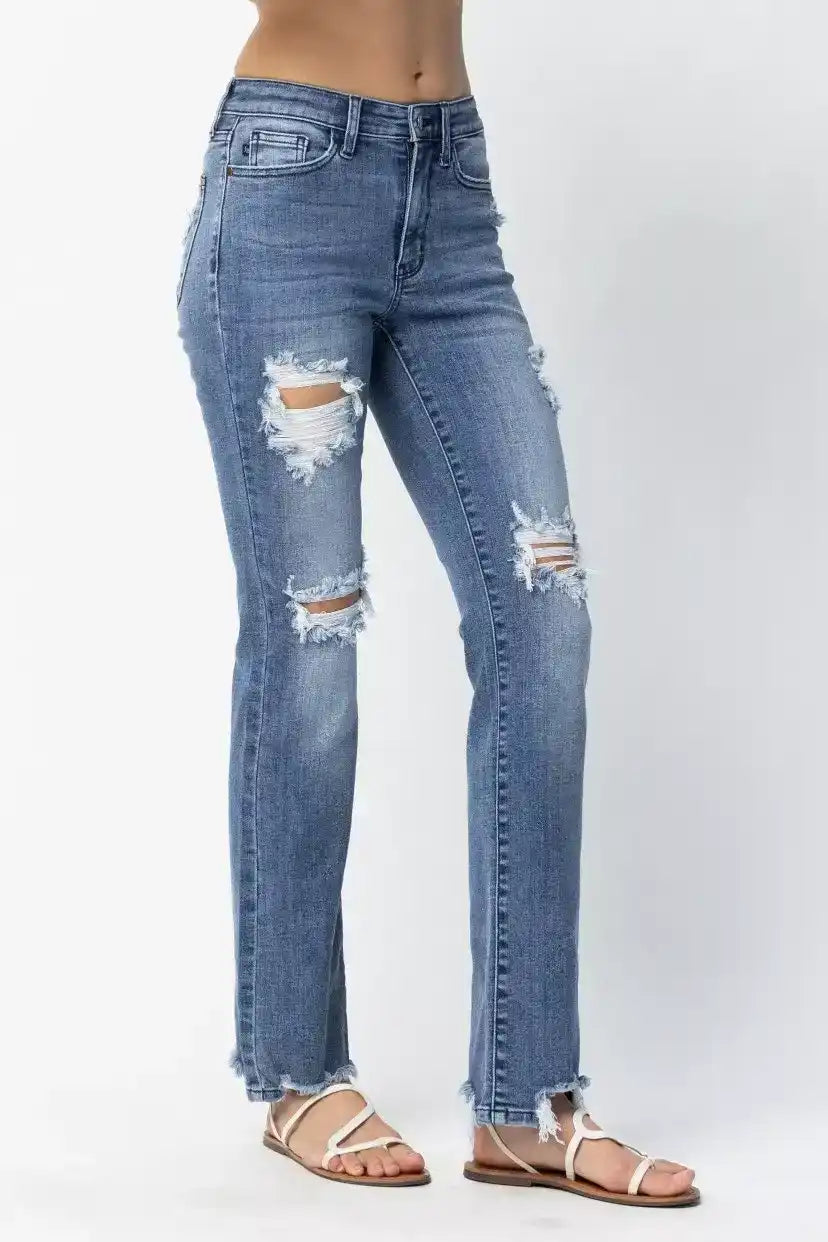 Judy Blue Mid Rise Destroy Straight Jeans 82425 - Sleekdenim.com