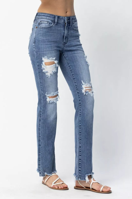 Judy Blue Full Size Mid Rise Destroy Straight Jeans Plus Size - Sleekdenim.com