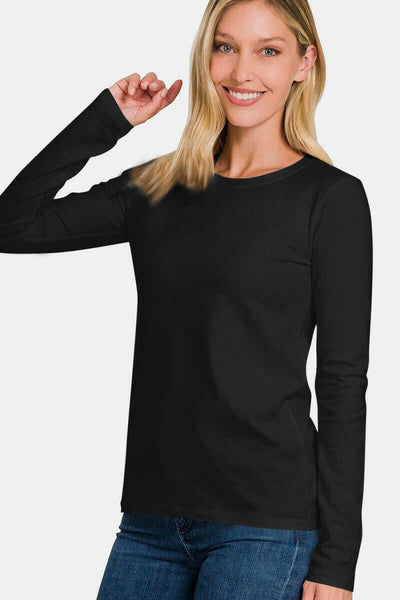 Zenana Full Size Solid Color Round Neck Long Sleeve T-Shirt Black