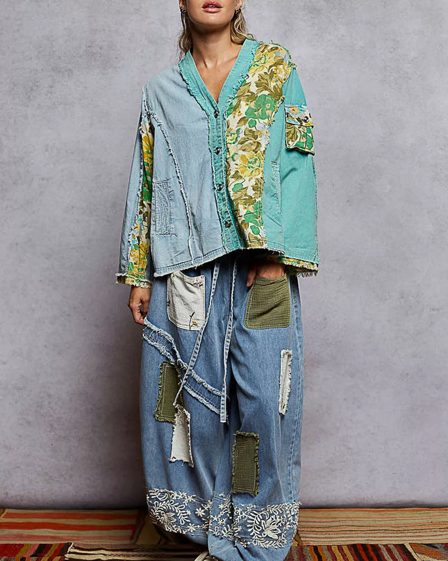 POL Button Down Floral V-Neck Long Sleeve Raw Hem Top - Sleekdenim.com