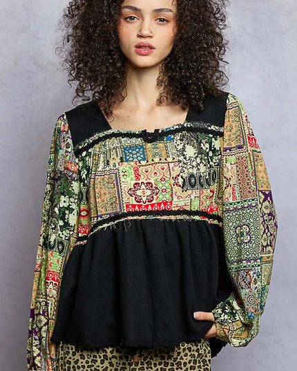 POL Balloon Sleeve Peplum Blouse with Trim Detail - Sleekdenim.com