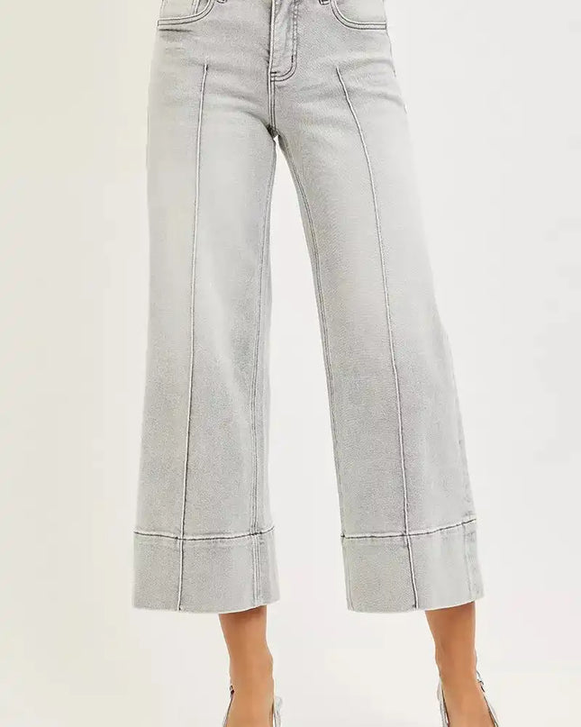RISEN Tummy Control Mid Rise Crop Wide Pintuck Front Jeans - Sleekdenim.com