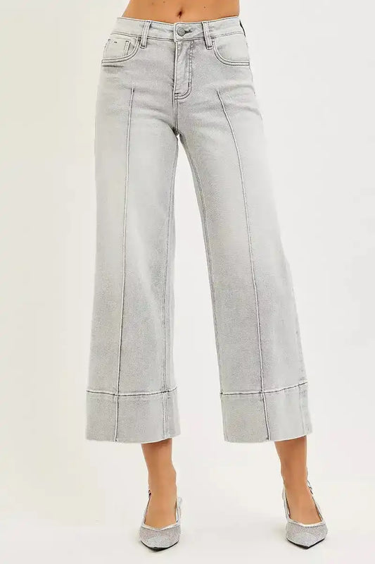 RISEN Tummy Control Mid Rise Crop Wide Pintuck Front Jeans PWC21271
