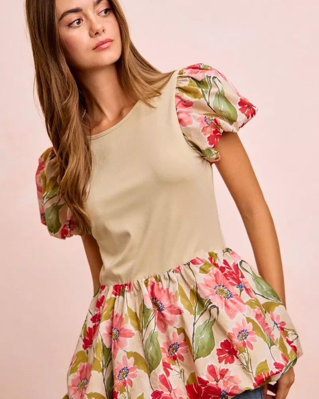 BiBi Floral Printed Bubble Sleeves and Hem Peplum Top - Sleekdenim.com