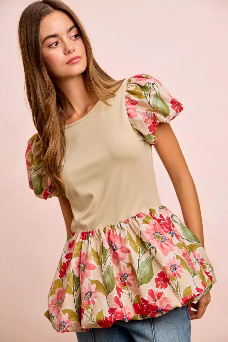 BiBi Floral Printed Bubble Sleeves and Hem Peplum Top - Sleekdenim.com