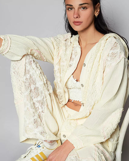 POL Exposed Seam Button Down Hooded Jacket with Lace Detail - Sleekdenim.com