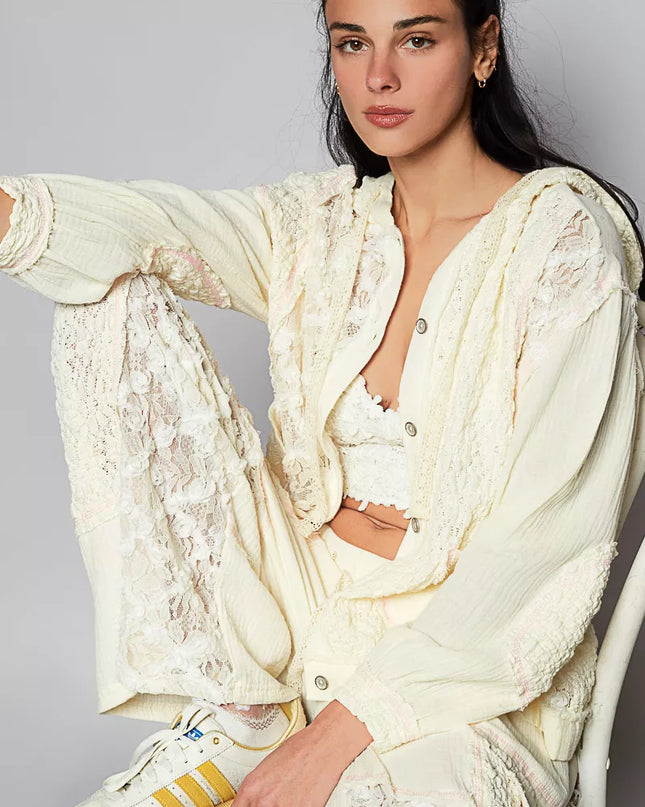 POL Exposed Seam Button Down Hooded Jacket with Lace Detail - Sleekdenim.com