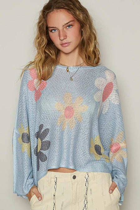 POL Flower Dropped Shoulder Long Sleeve Knit Top.